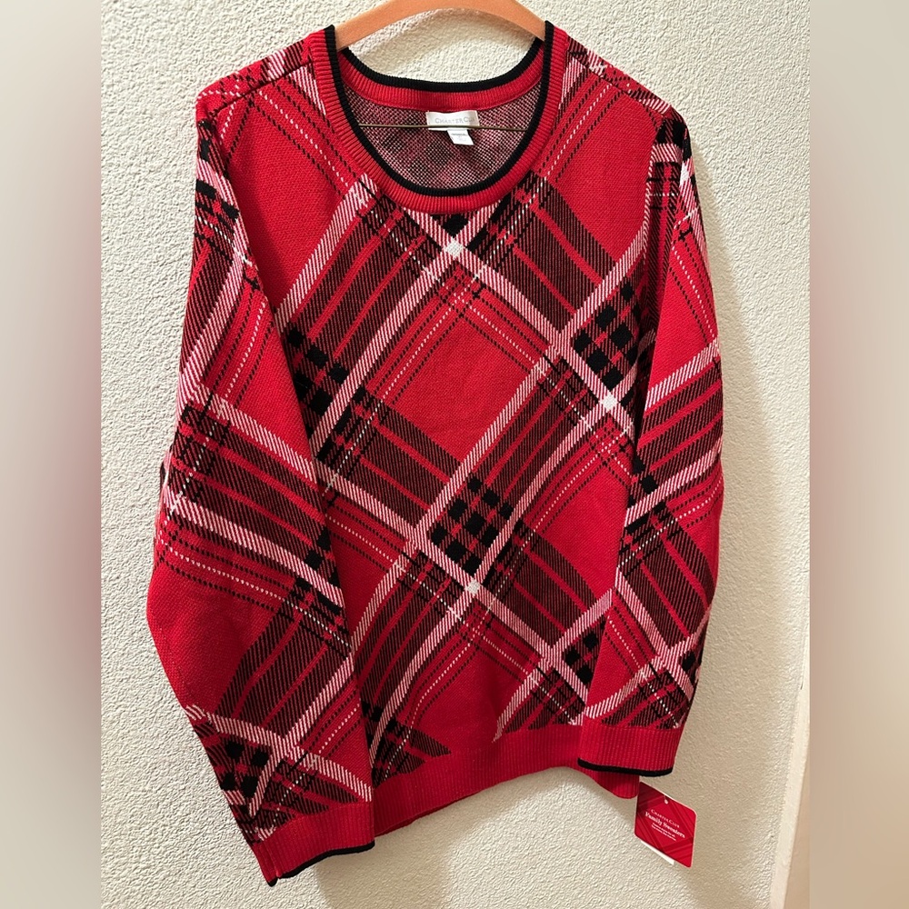 Charter Club Sweater Women Diagonal Plaid Red/Black/White Cotton Blend Sz XL NWT